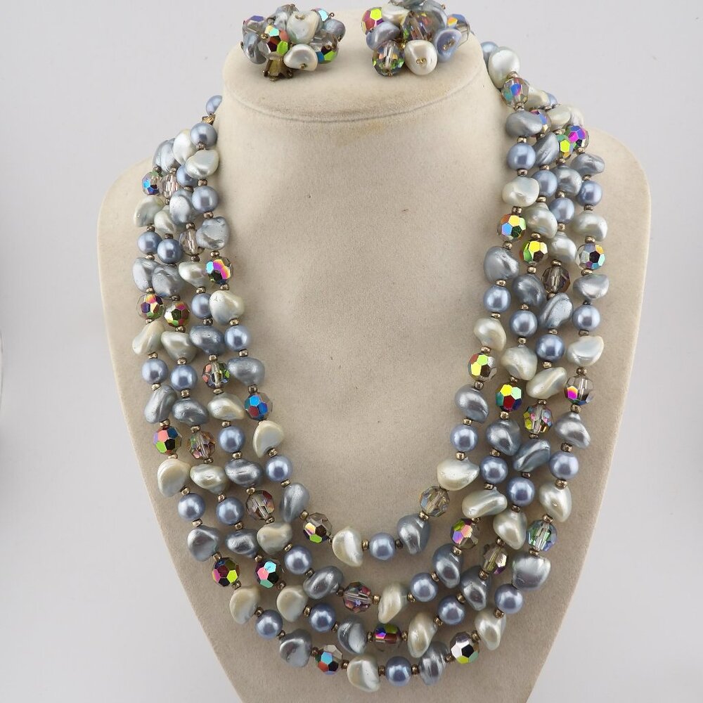 Vintage Austria 4 Strand Choker Necklace and Earrings